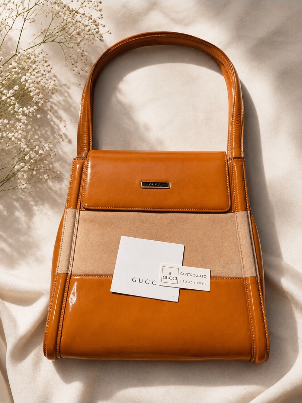 Vintage Gucci Tom Ford Shoulder Bag in Patent  Leather Tan with Pink/Blush Suede